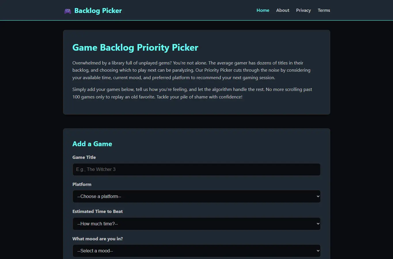 Screenshot of Game Backlog Priority Picker interface showing the project page in use